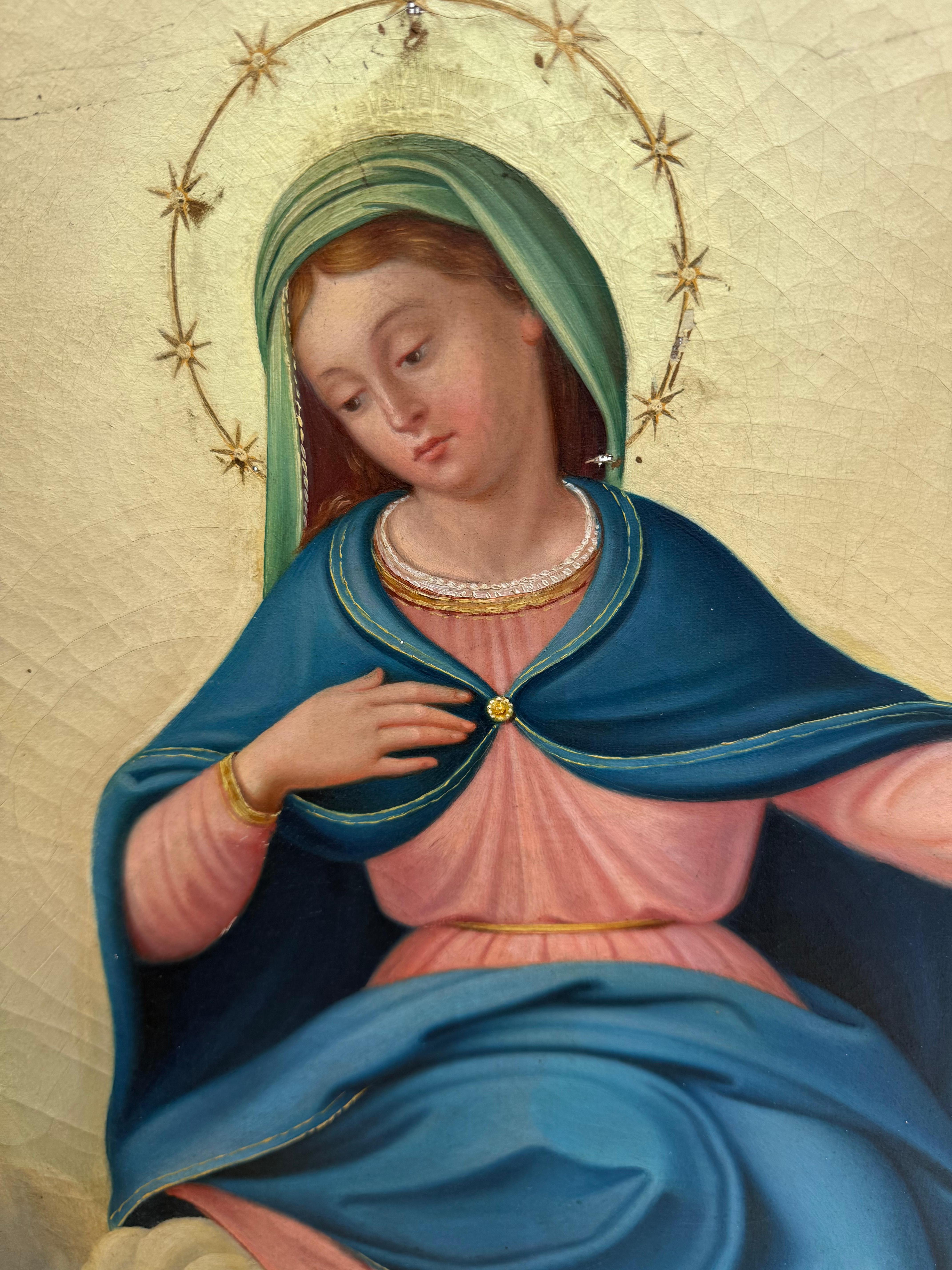 Gran cuadro antiguo al óleo sobre lienzo de la escuela italiana Aparición de María a James Renacimiento renacentista en venta