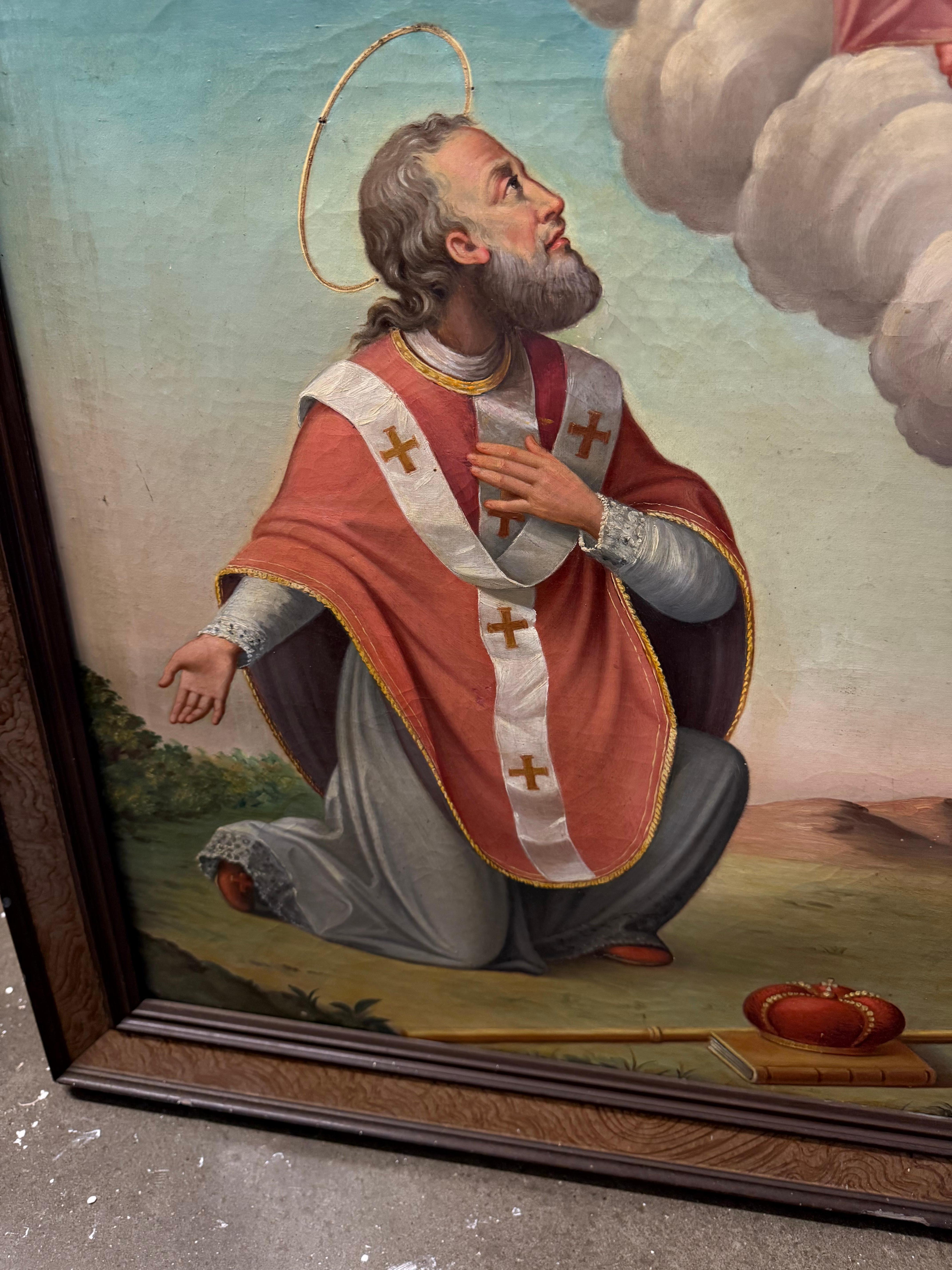 Gran cuadro antiguo al óleo sobre lienzo de la escuela italiana Aparición de María a James siglo XIX en venta