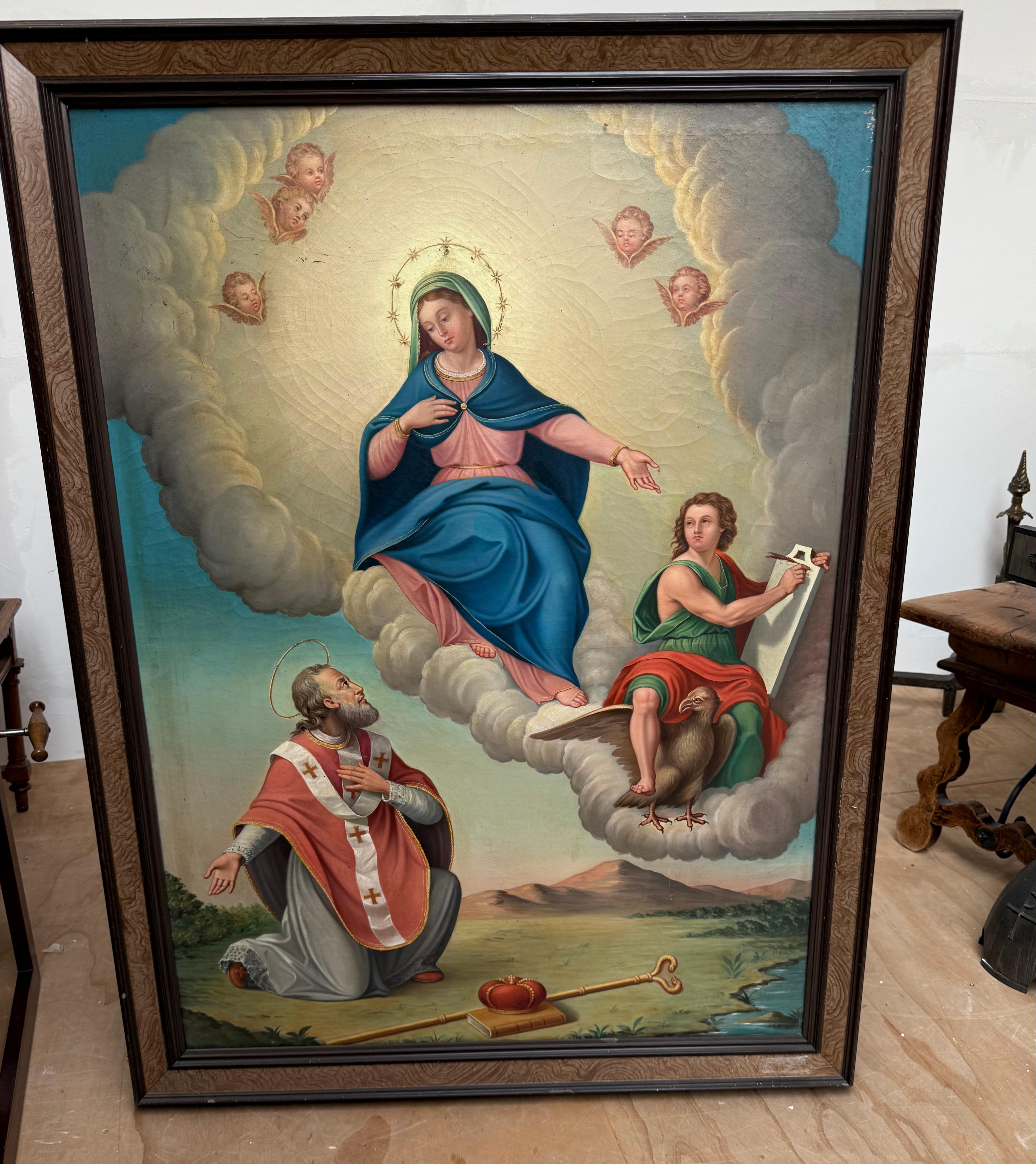 Gran cuadro antiguo al óleo sobre lienzo de la escuela italiana Aparición de María a James Lienzo en venta