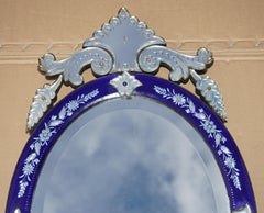 LARGE ANTiQUE ITALIAN VENETIAN COBALT BLUE CUT GLASS OVAL WALL MIRROR WITH STAND