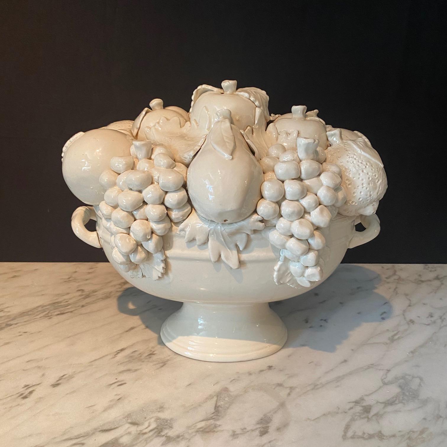 Detailed porcelain Italian large fruit or cornucopia bowl, featuring grapes, oranges, apples, bananas, peaches etc. Attention to detail as only the Italians do - this lovely centerpiece has a maker's mark on the bottom. #7144

