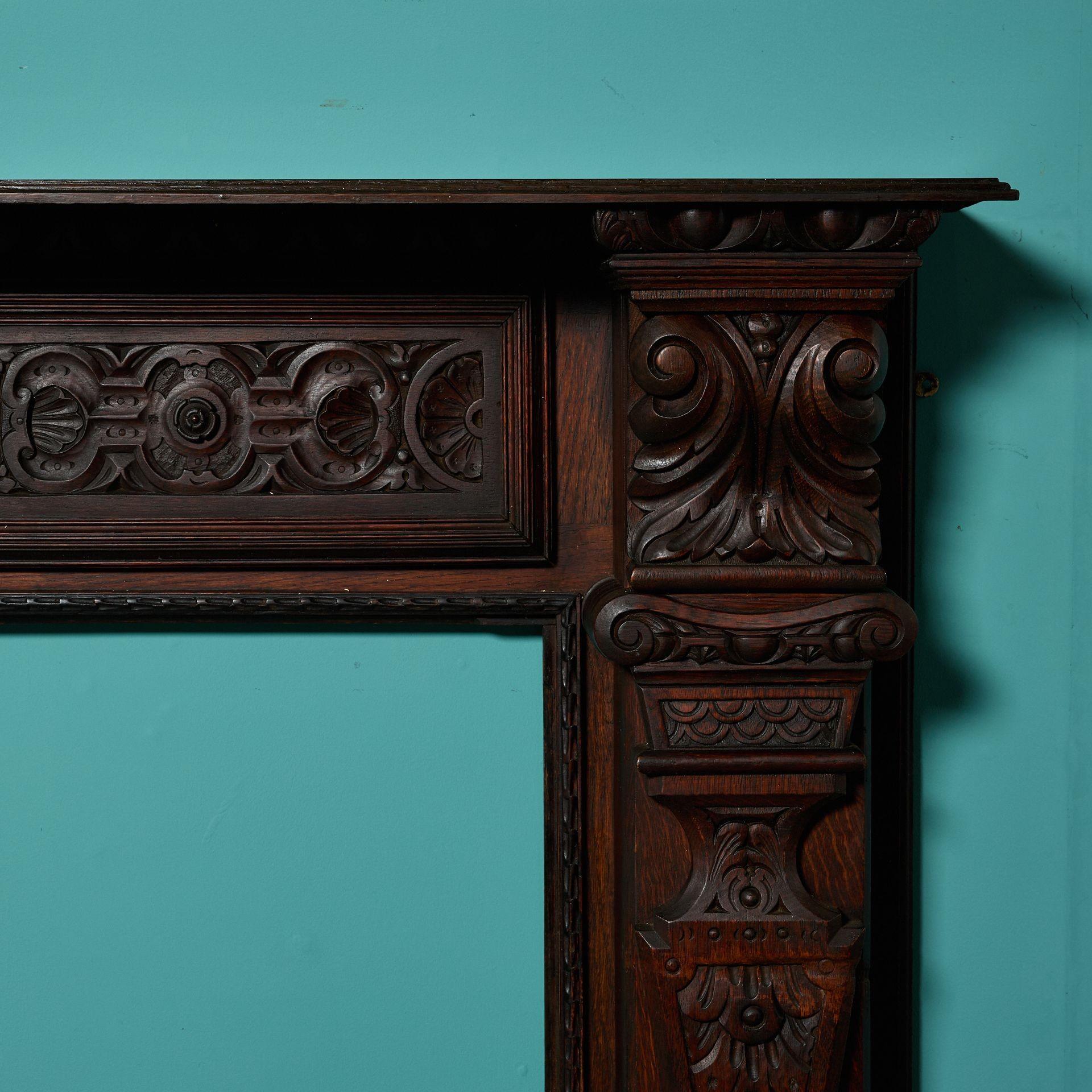 Wood Large Antique Jacobean Dark Oak Fireplace For Sale