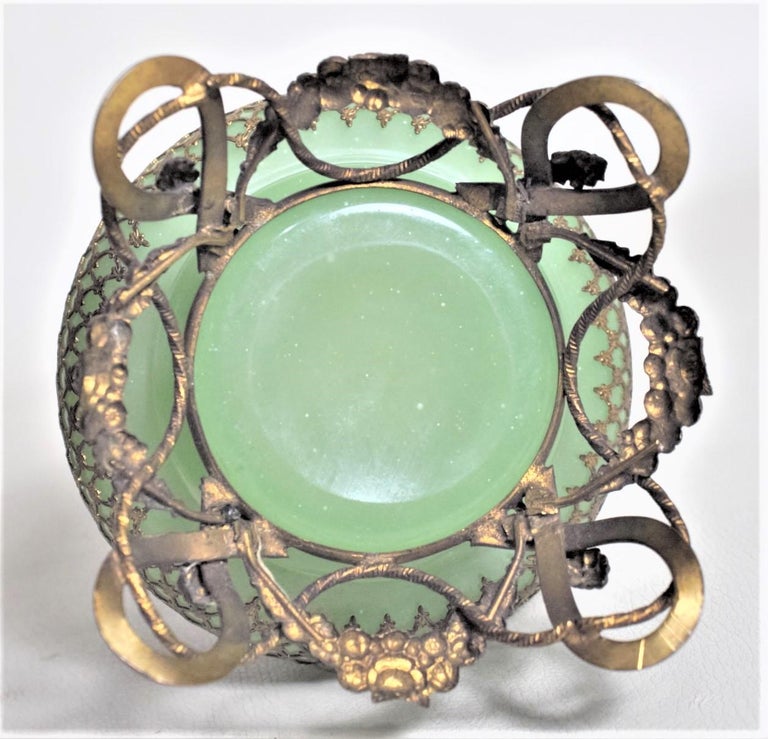 Large Antique Jadeite Glass Perfume Bottle with Ornate Gilt Brass Top