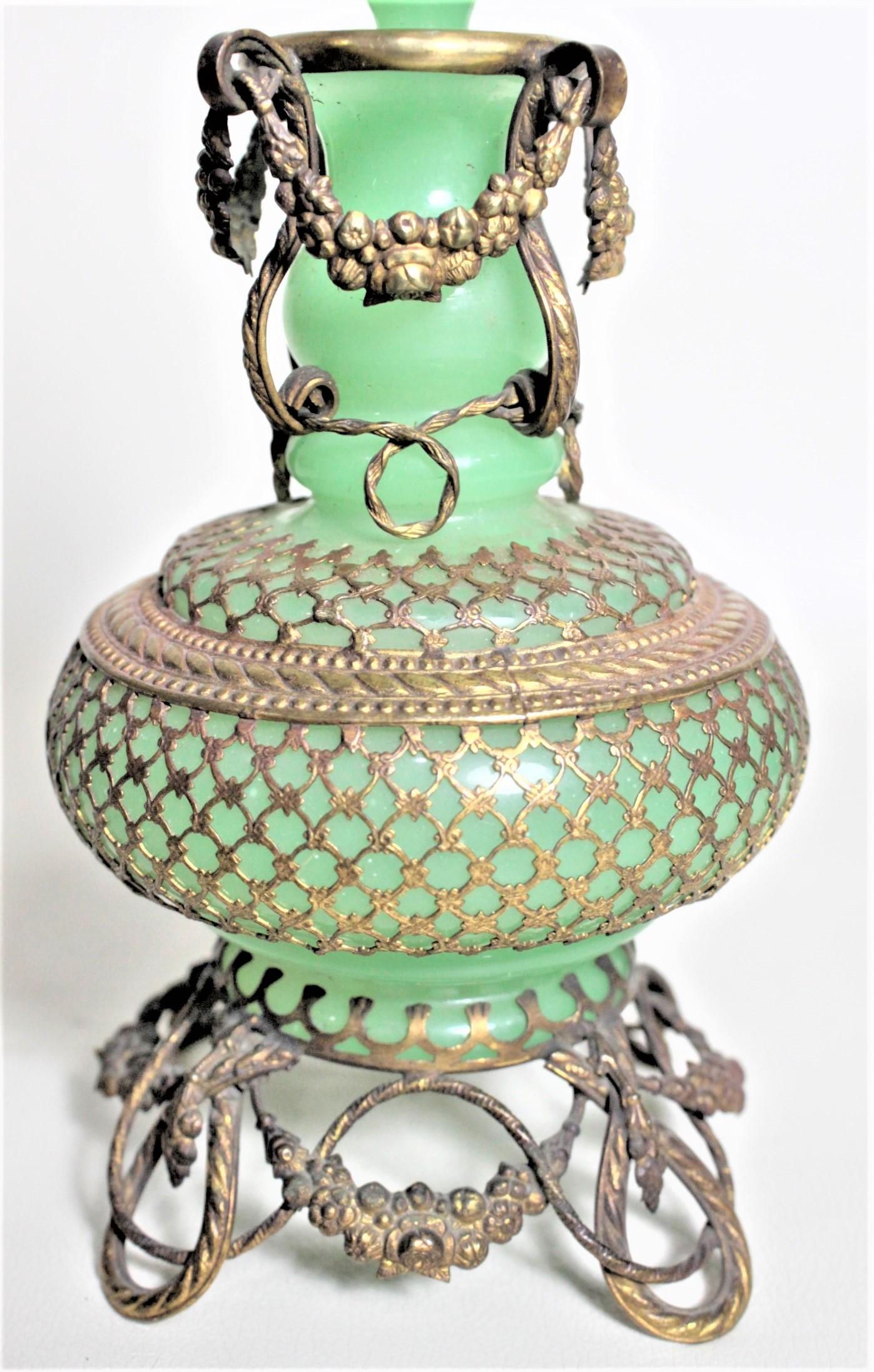 Large Antique Jadeite Glass Perfume Bottle with Ornate Gilt Brass Top and Mounts For Sale 2