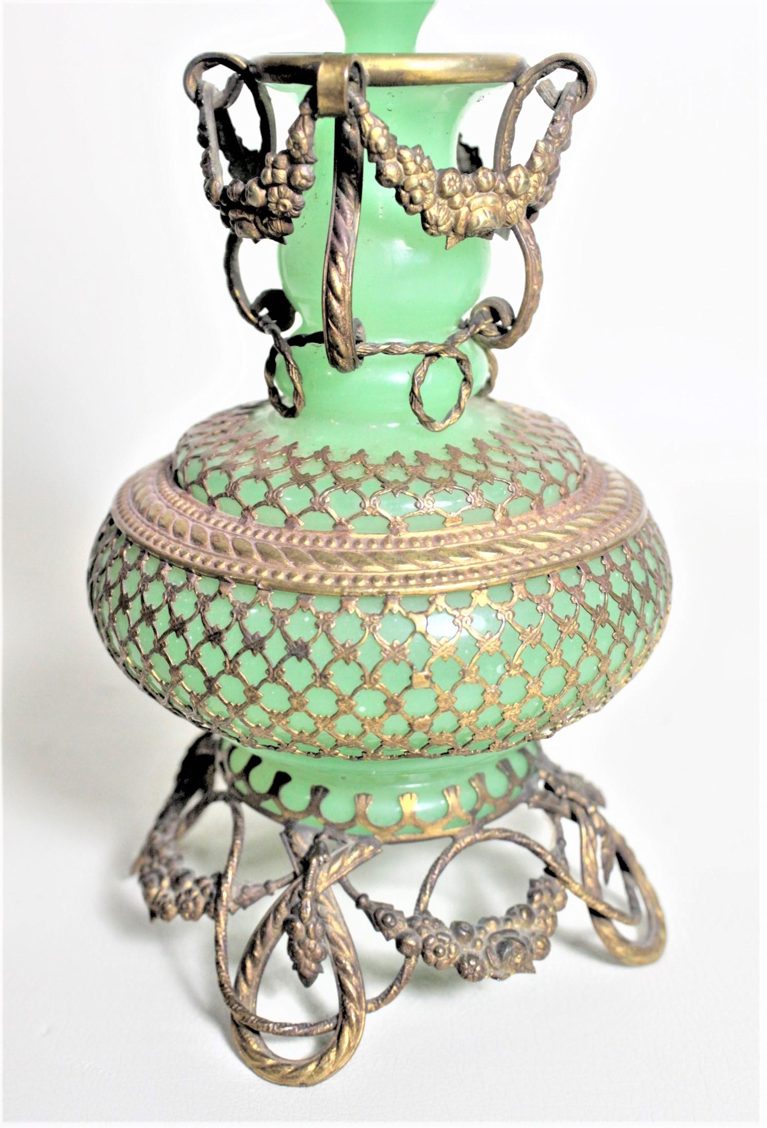 Large Antique Jadeite Glass Perfume Bottle with Ornate Gilt Brass Top and Mounts For Sale 3