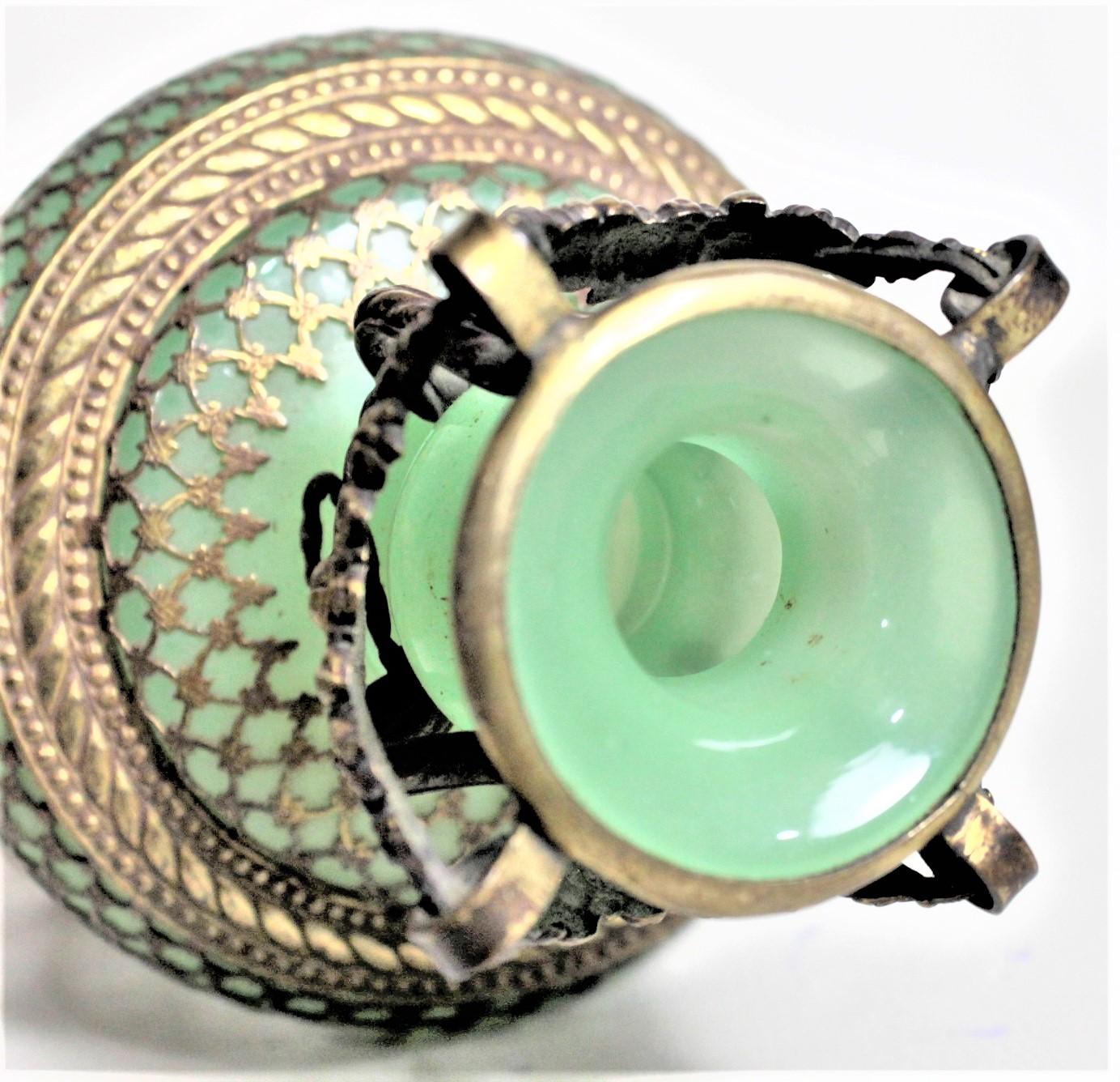 Large Antique Jadeite Glass Perfume Bottle with Ornate Gilt Brass Top and Mounts For Sale 4
