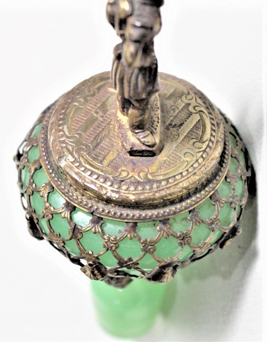 Large Antique Jadeite Glass Perfume Bottle with Ornate Gilt Brass Top and Mounts For Sale 6