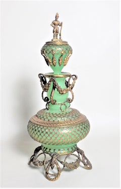 Large Antique Jadeite Glass Perfume Bottle with Ornate Gilt Brass Top and Mounts