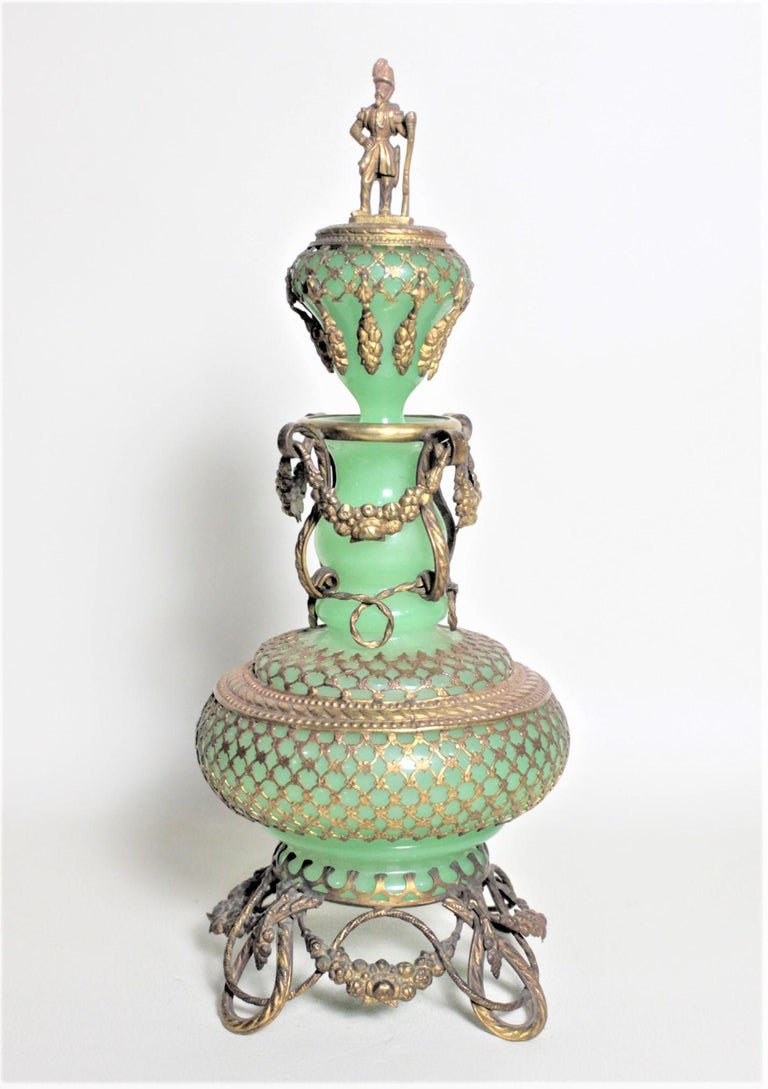 Large Antique Jadeite Glass Perfume Bottle with Ornate Gilt Brass Top