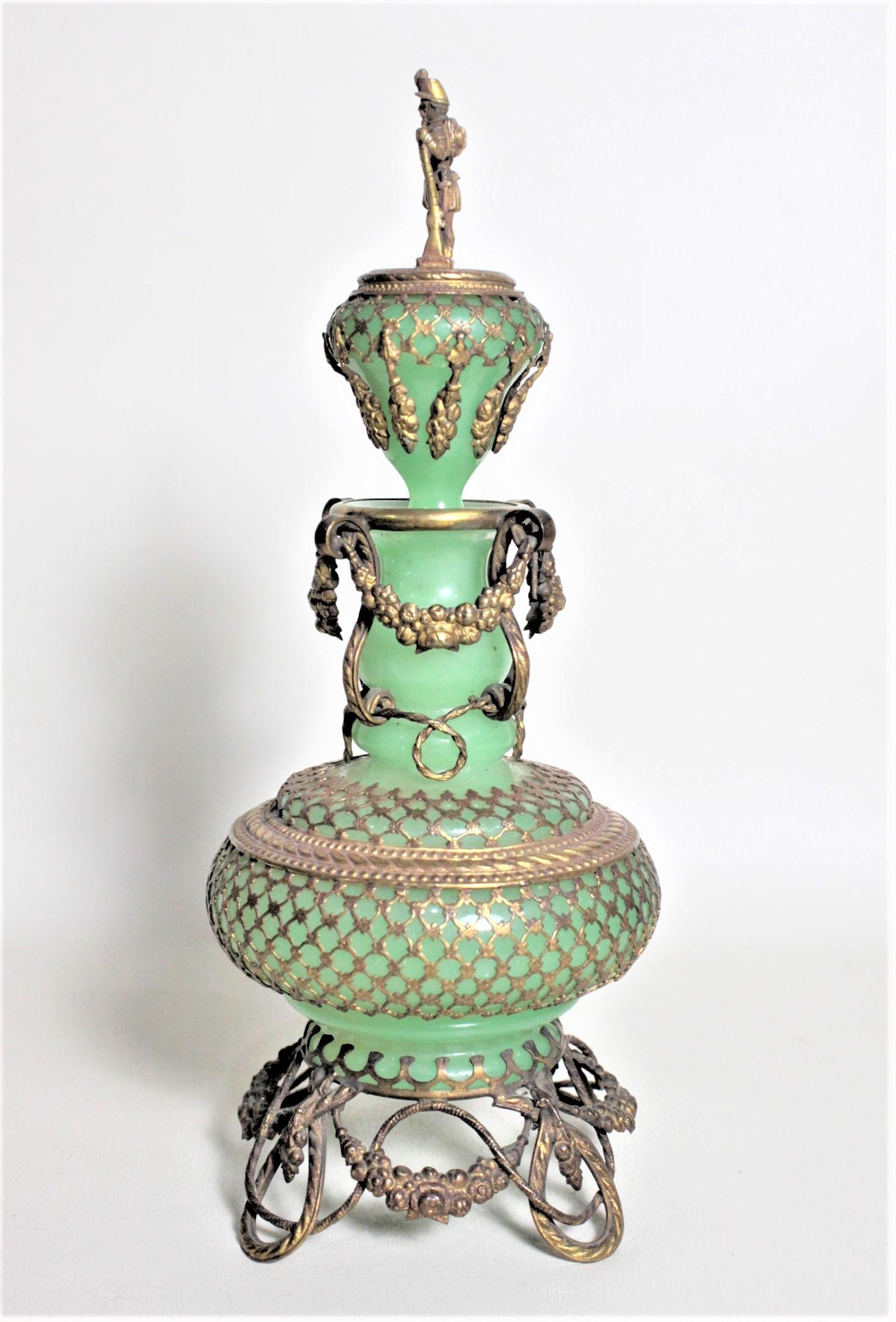 Renaissance Revival Large Antique Jadeite Glass Perfume Bottle with Ornate Gilt Brass Top and Mounts For Sale