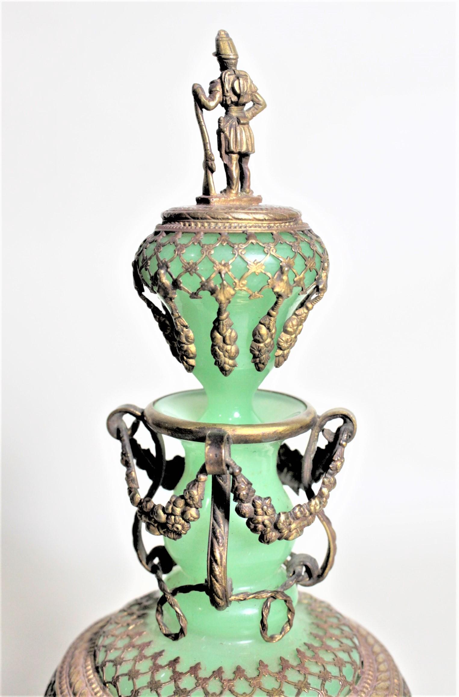 19th Century Large Antique Jadeite Glass Perfume Bottle with Ornate Gilt Brass Top and Mounts For Sale