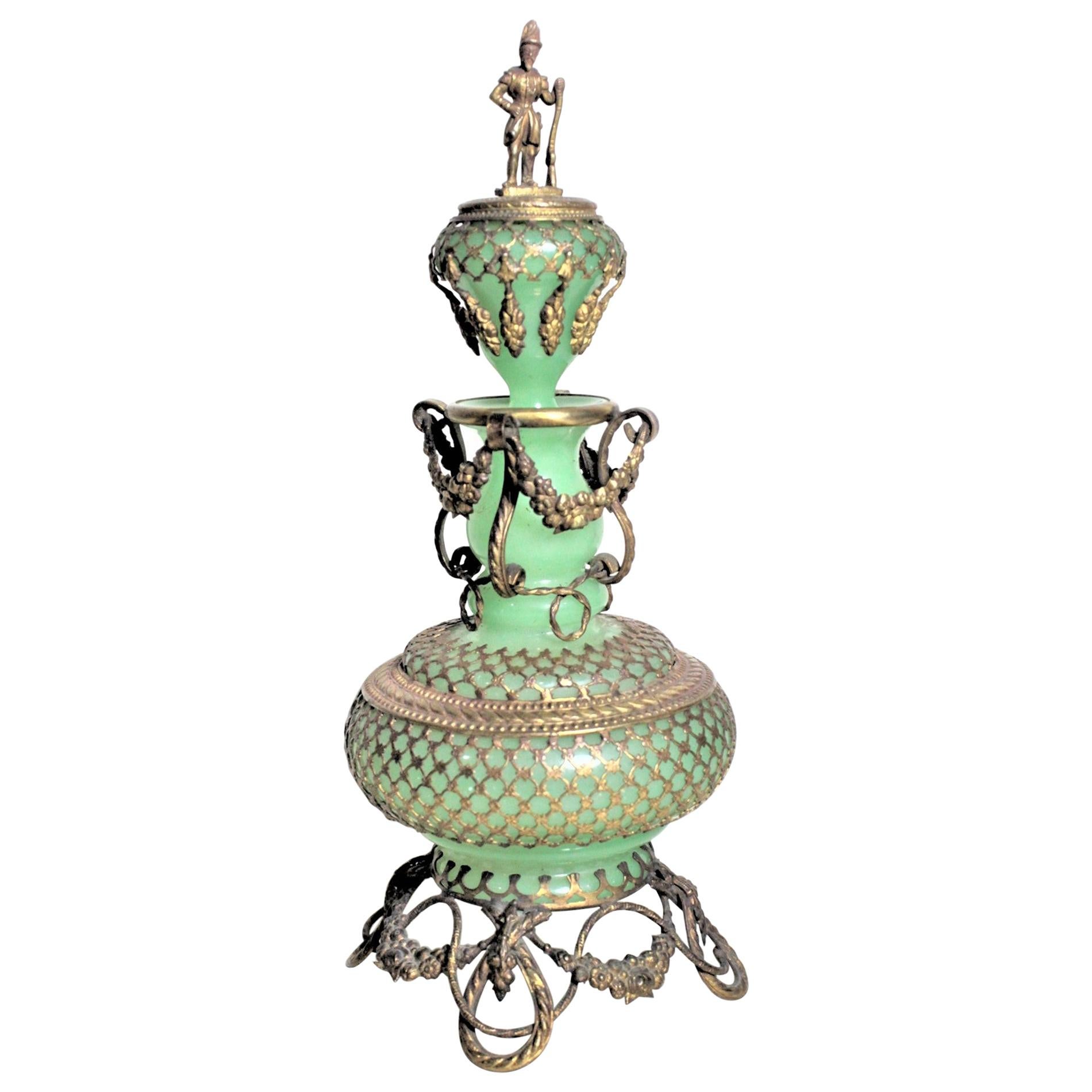 Large Antique Jadeite Glass Perfume Bottle with Ornate Gilt Brass Top and Mounts For Sale