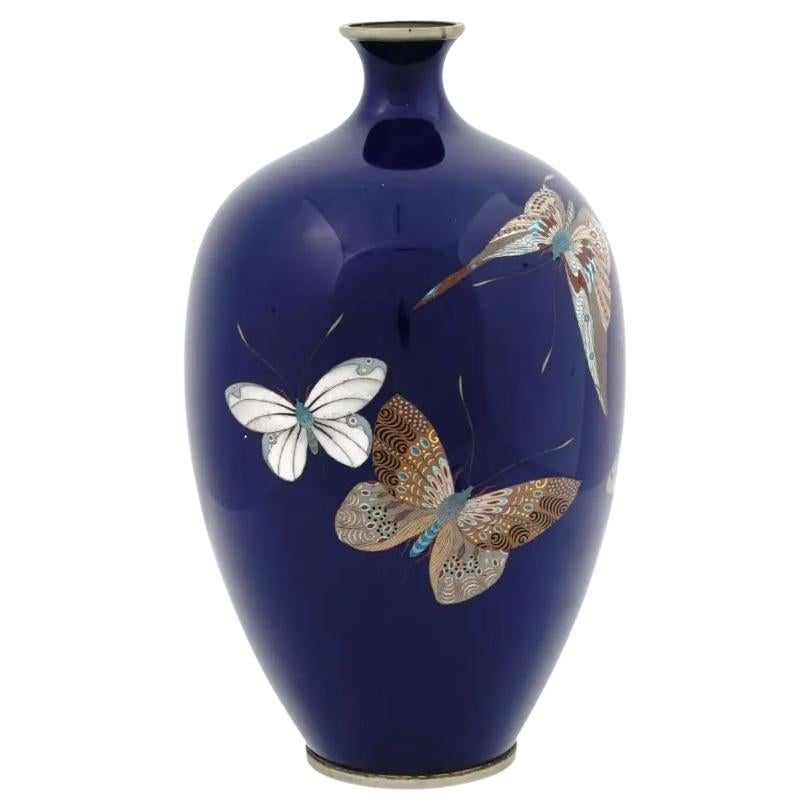 Large Antique Japan Meiji Butterflies Enamel Vase For Sale