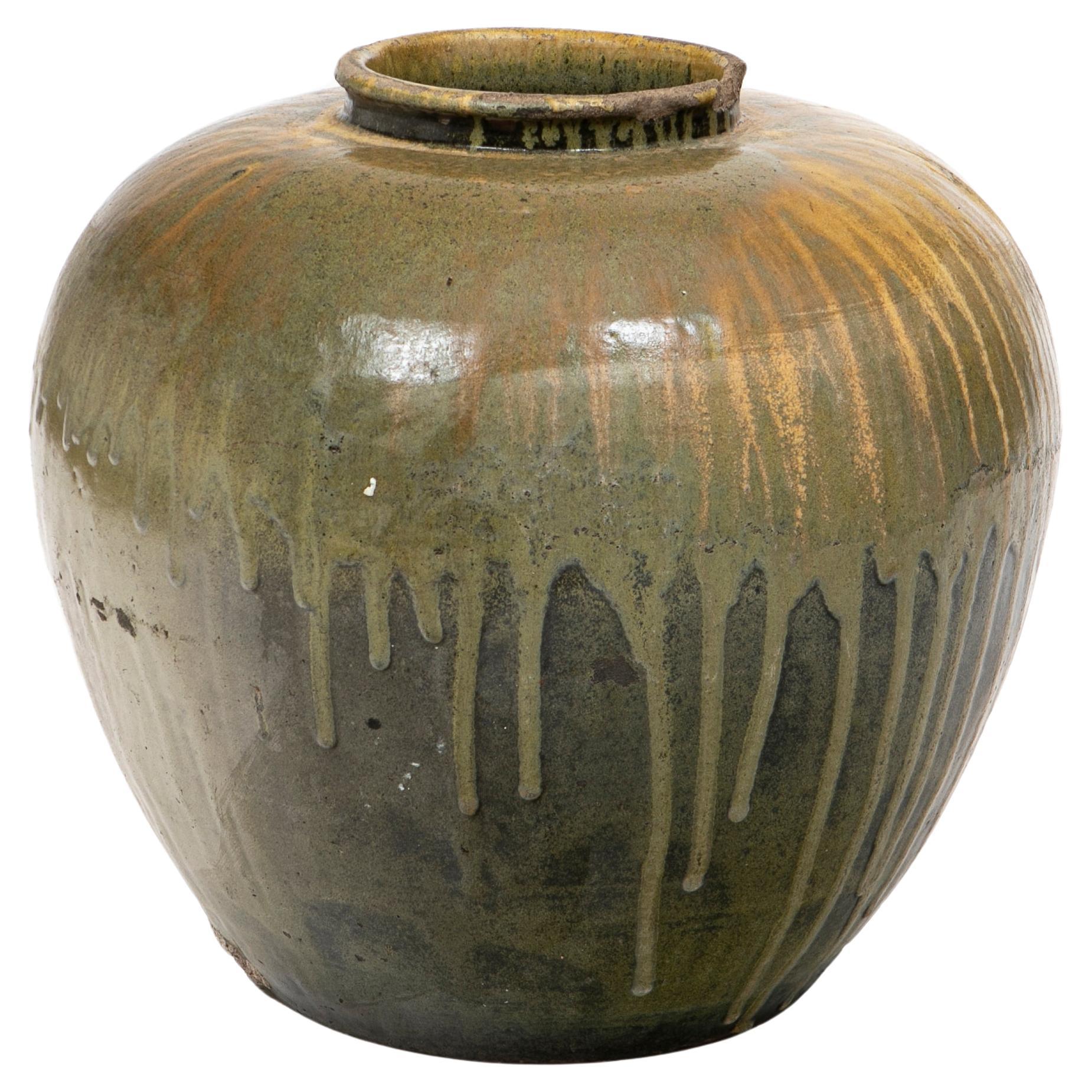 Large Antique Japanese 19th Century Drip Glazed Jar For Sale