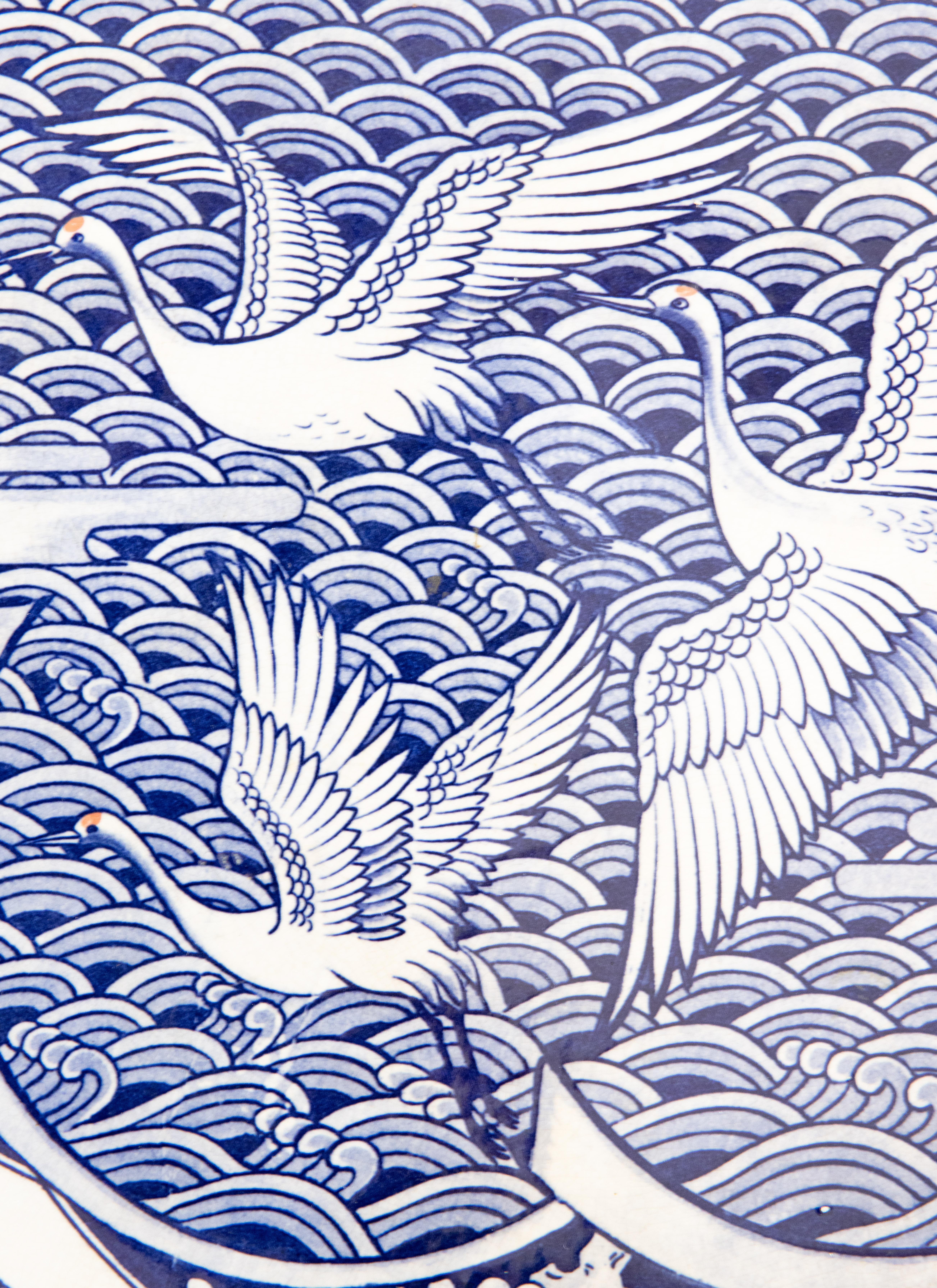 Japonisme Large Antique Japanese Blue & White Crane Charger