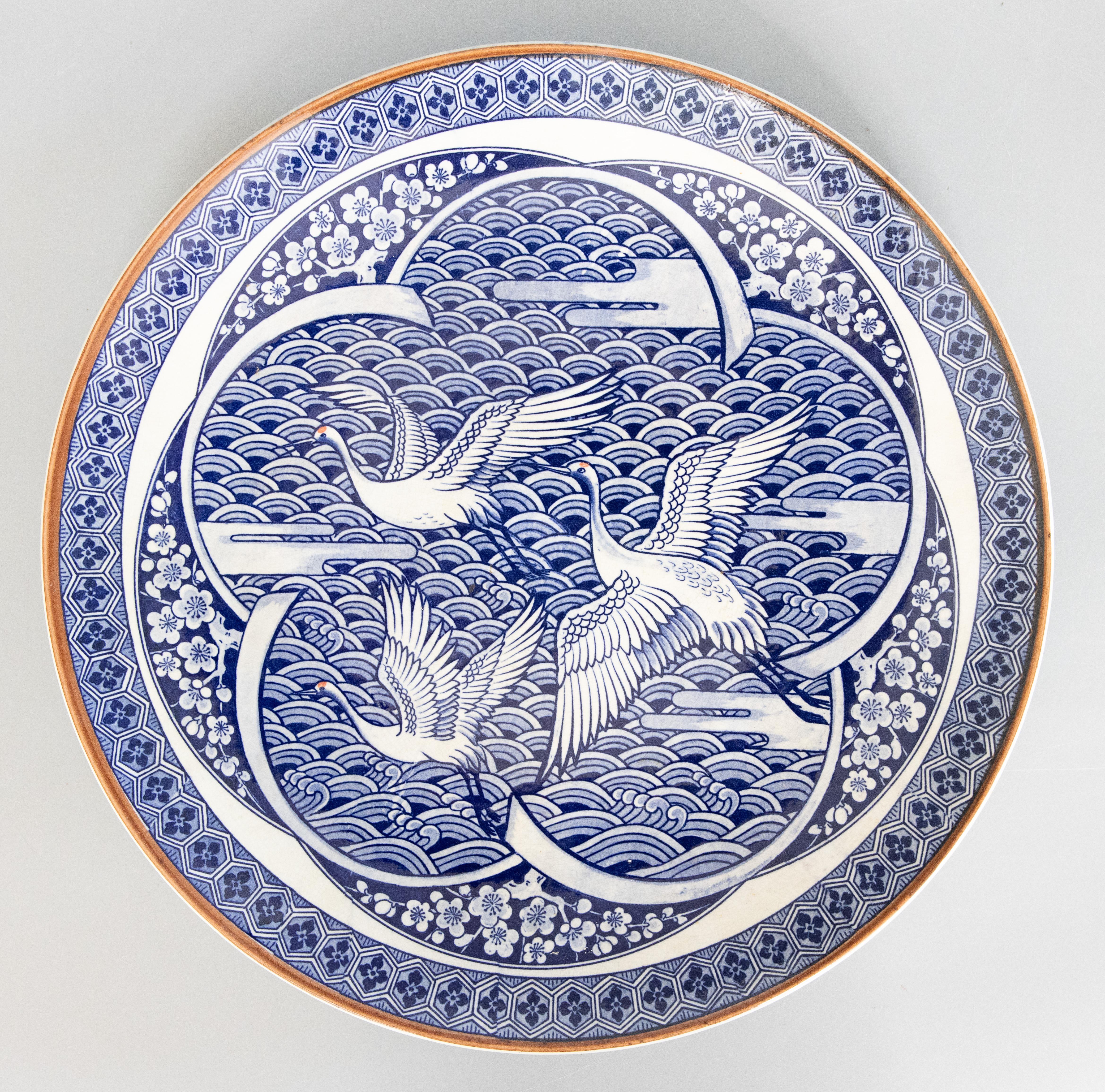 Large Antique Japanese Blue & White Crane Charger 2
