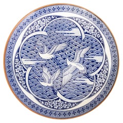 Large Antique Japanese Blue & White Crane Charger