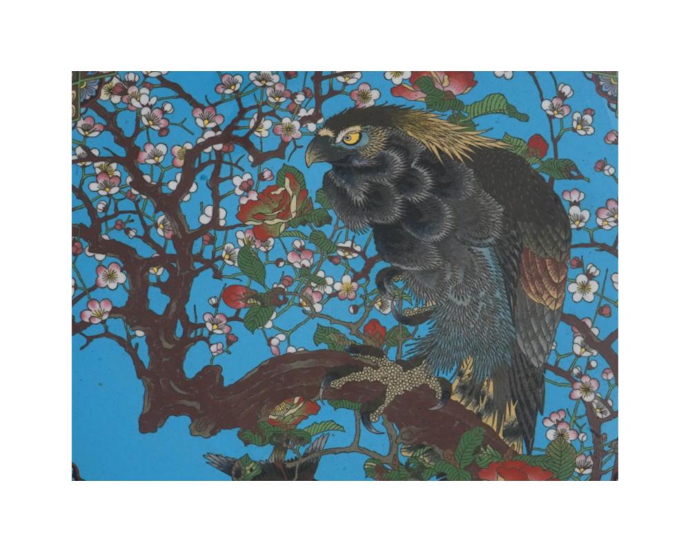 Großer antiker japanischer schwarzer Cloisonné-Emaille-Schwarzer Hawk in Kirschblütenbaum-Platte im Angebot 1