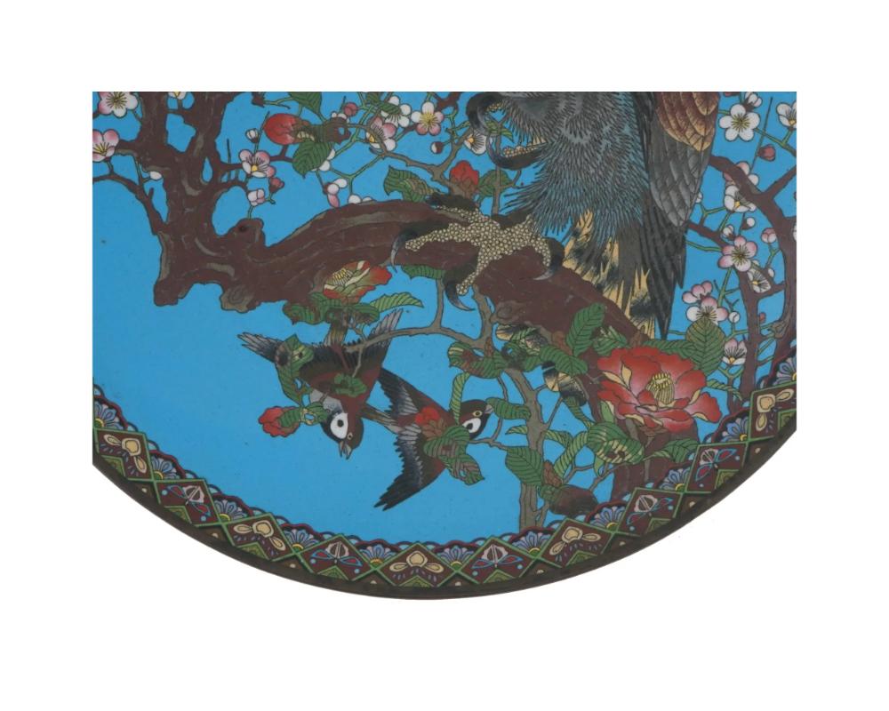 Großer antiker japanischer schwarzer Cloisonné-Emaille-Schwarzer Hawk in Kirschblütenbaum-Platte im Angebot 2