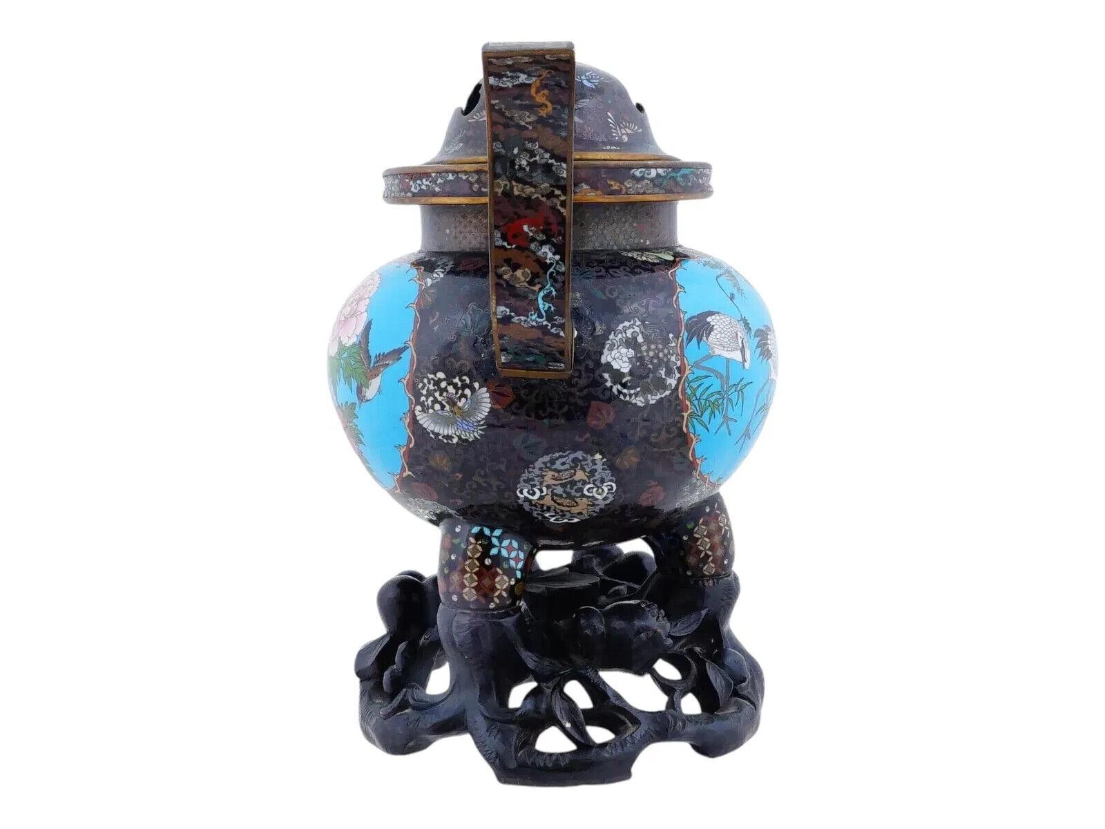Cloissoné Large Antique Japanese Cloisonne Enamel Censer Koro W Stand Attributed To GOTO For Sale
