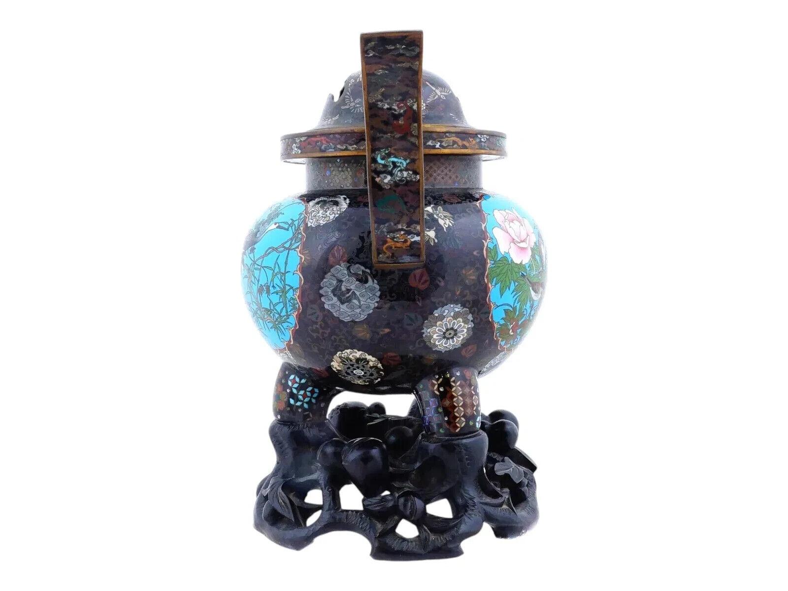 19th Century Large Antique Japanese Cloisonne Enamel Censer Koro W Stand Attributed To GOTO For Sale