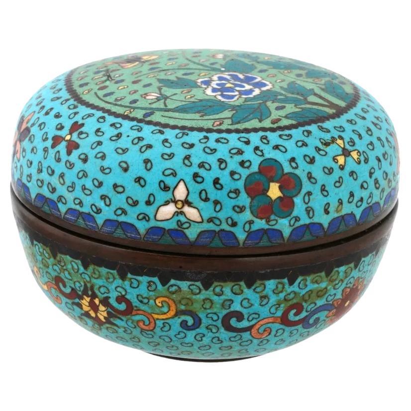 Large Antique Japanese Cloisonne Enamel Container Box with Butterflies For Sale