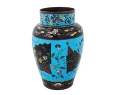 Large Antique Japanese Cloisonne Enamel Fan Motif Vase
