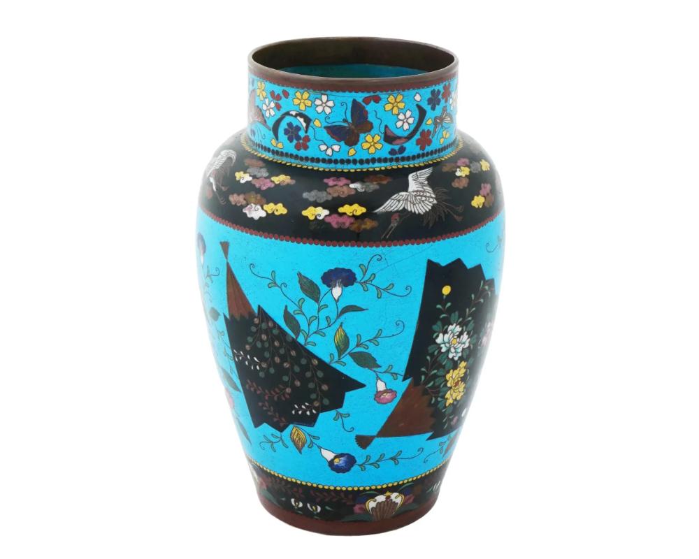 Meiji Large Antique Japanese Cloisonne Enamel Fan Motif Vase For Sale