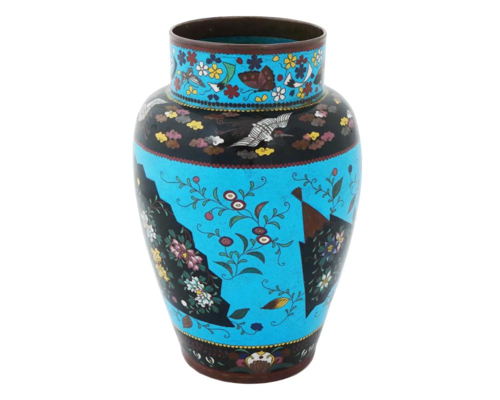Cloissoné Large Antique Japanese Cloisonne Enamel Fan Motif Vase For Sale