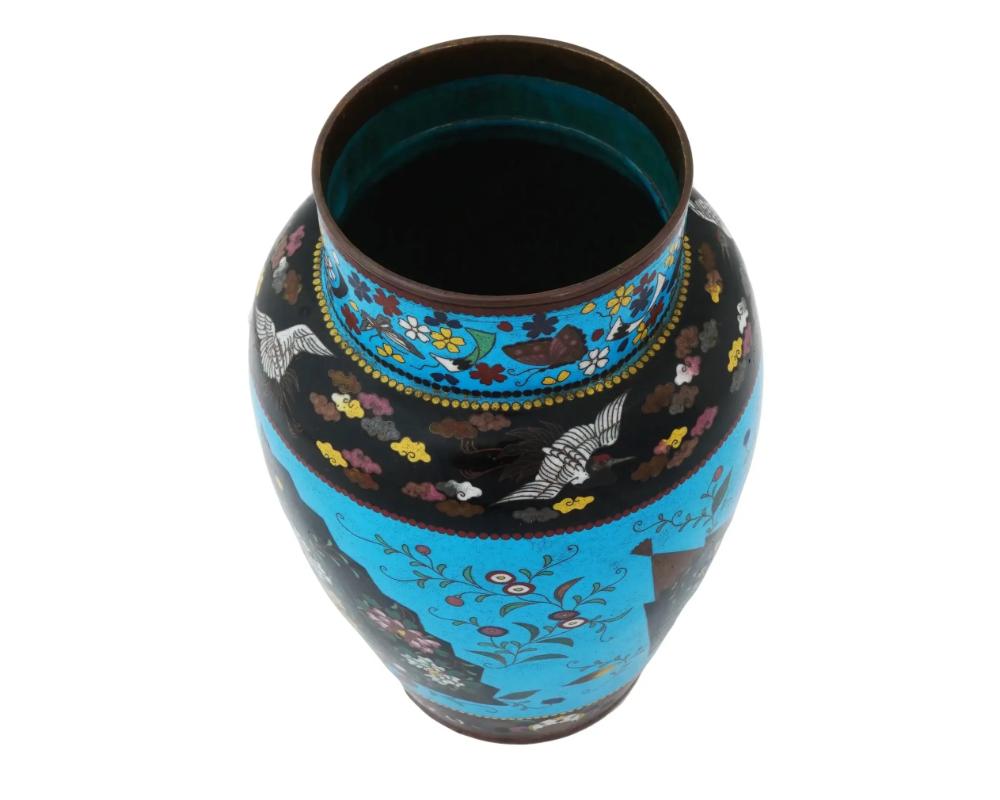 Large Antique Japanese Cloisonne Enamel Fan Motif Vase In Good Condition For Sale In Queens, NY