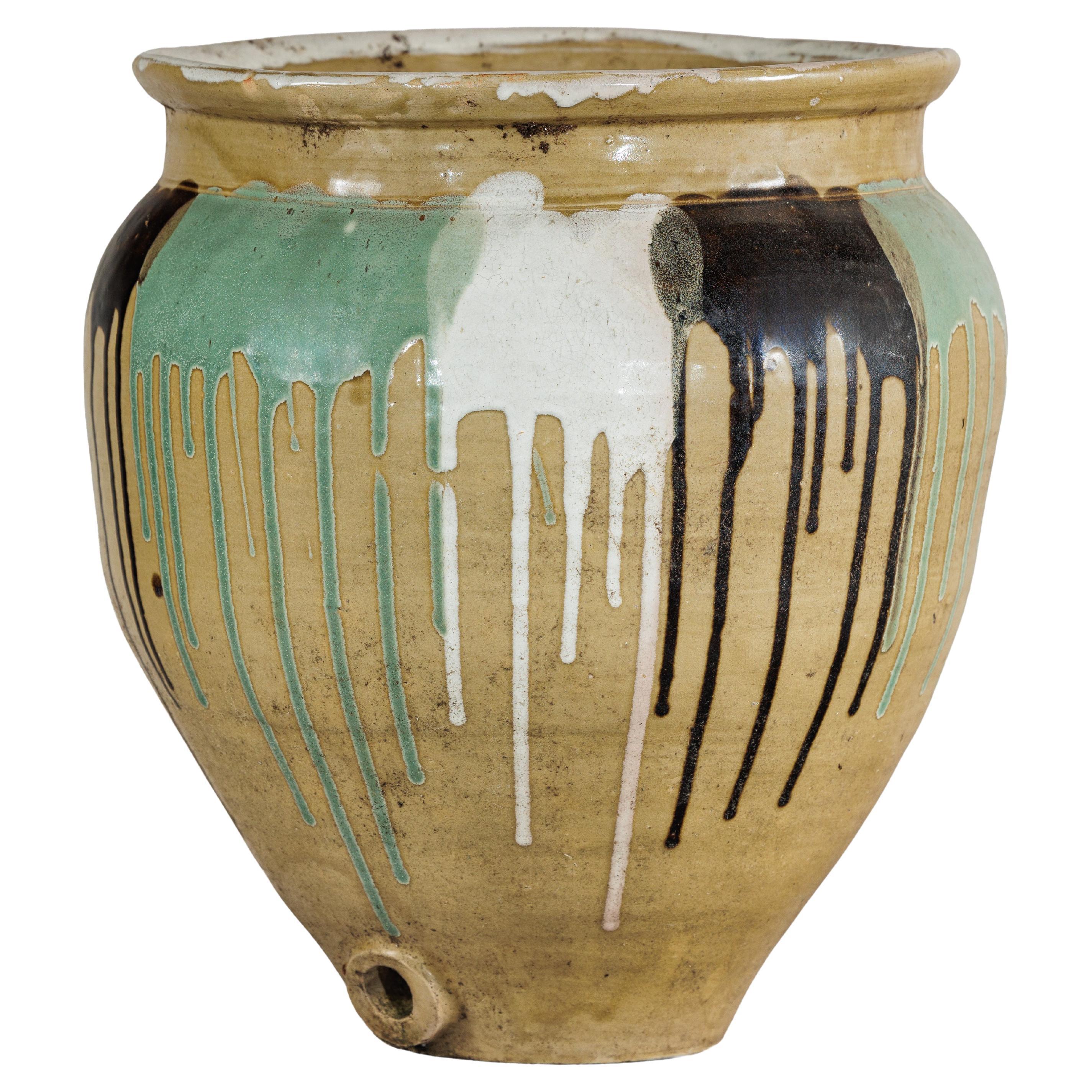 Large Antique Japanese Drip-Glazed Stoneware Jar with Multicolor Runs