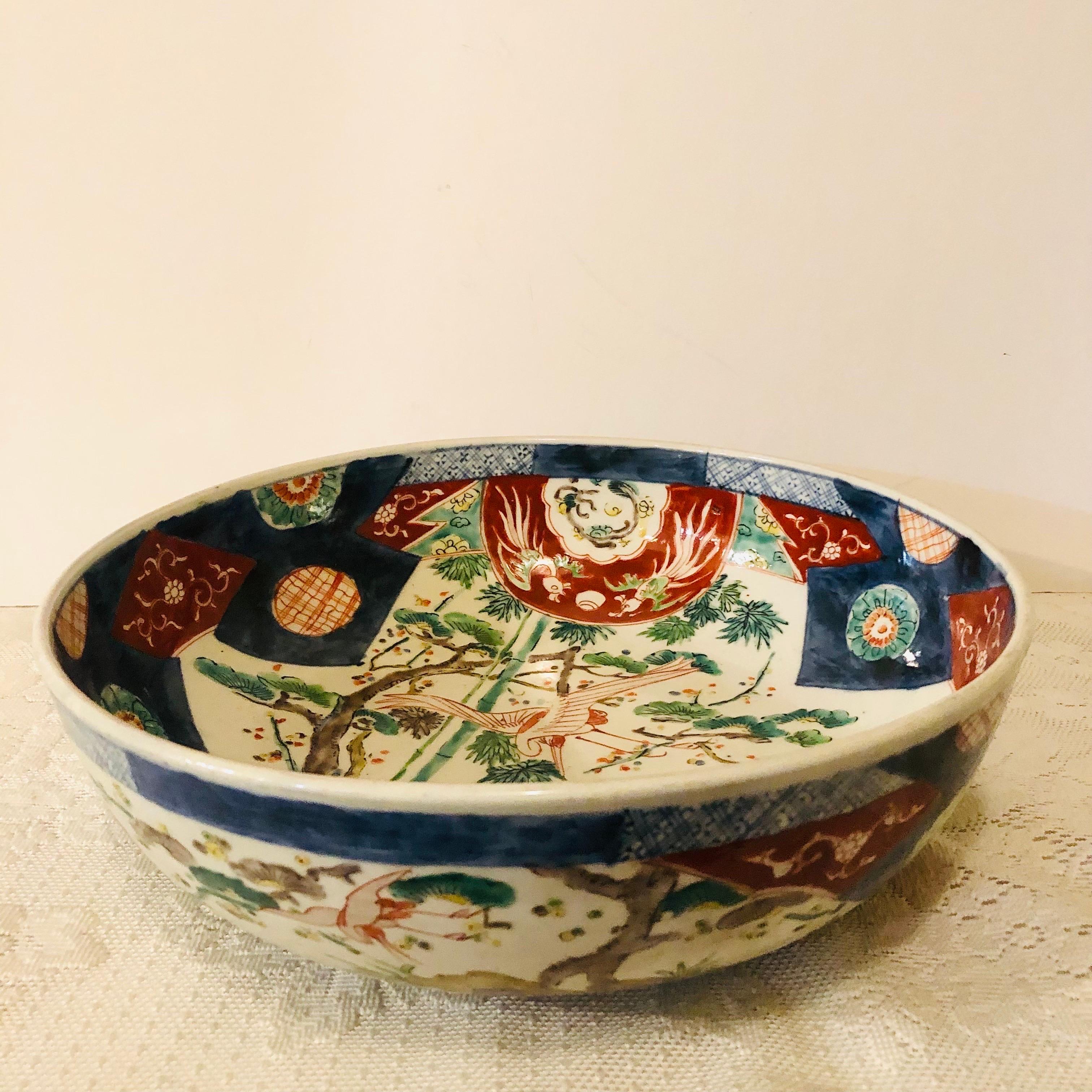 Other Large Antique Japanese Imari Bowl Decorated With Whimsical Birds and Trees