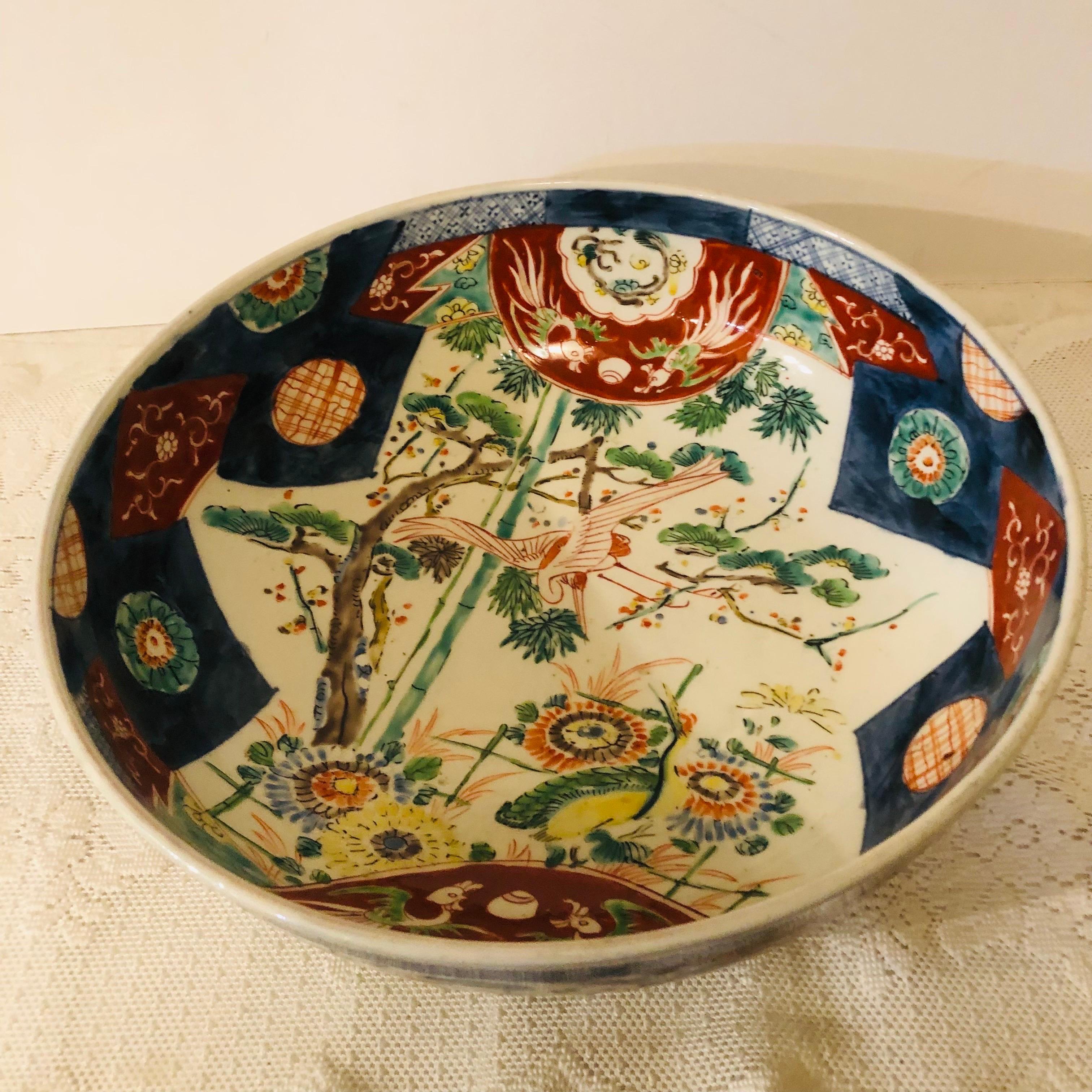 Late 19th Century Large Antique Japanese Imari Bowl Decorated With Whimsical Birds and Trees