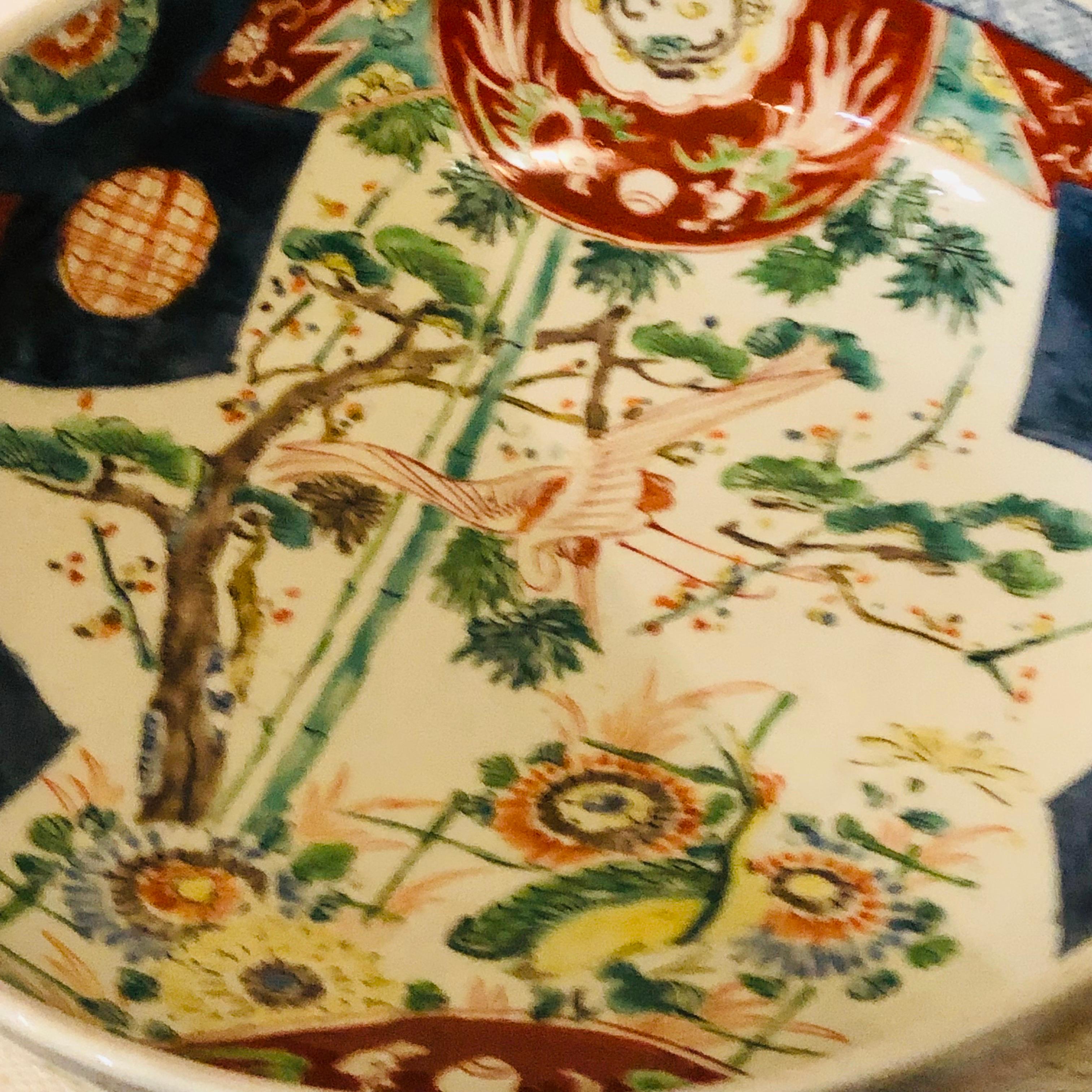 Large Antique Japanese Imari Bowl Decorated With Whimsical Birds and Trees 1