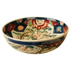 Large Antique Japanese Imari Bowl Decorated With Whimsical Birds and Trees