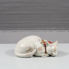 Large Antique Japanese Kutani Porcelain Sleeping Cat Sculpture