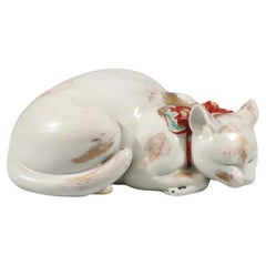 Large Antique Japanese Kutani Porcelain Sleeping Cat Sculpture