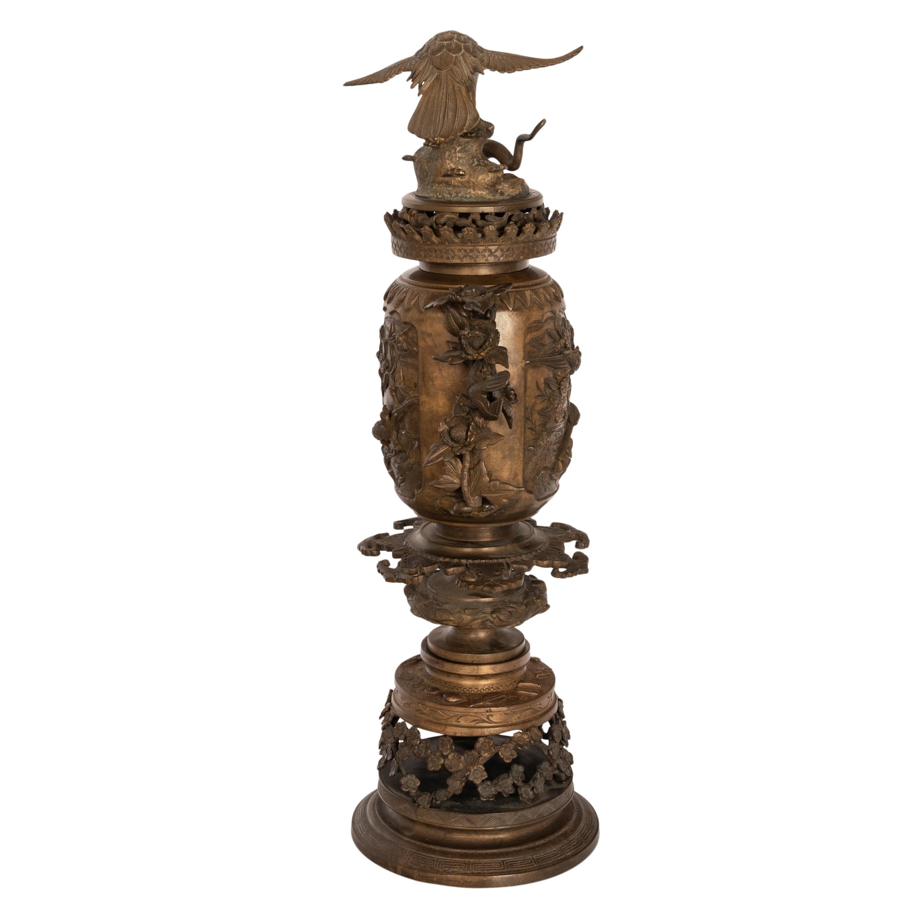 Cast Large Antique Japanese Meiji Bronze Koro Censer insense Burner Urn Eagle & Snake