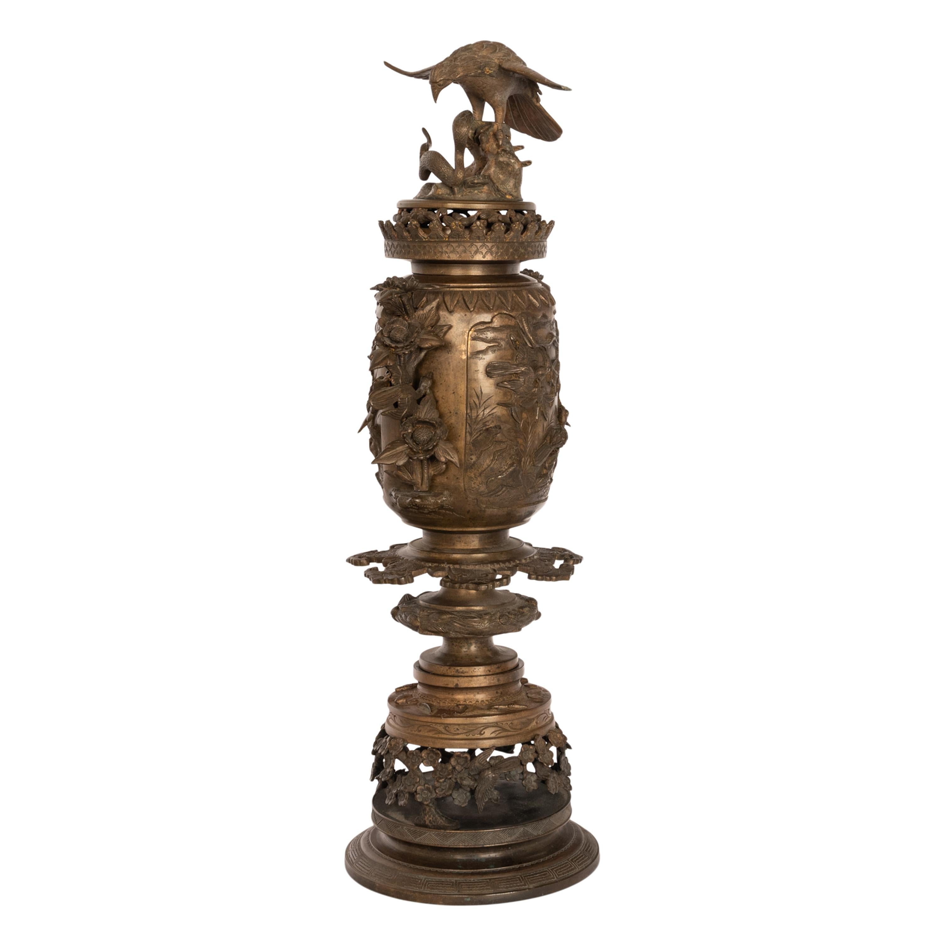 Large Antique Japanese Meiji Bronze Koro Censer insense Burner Urn Eagle & Snake 1