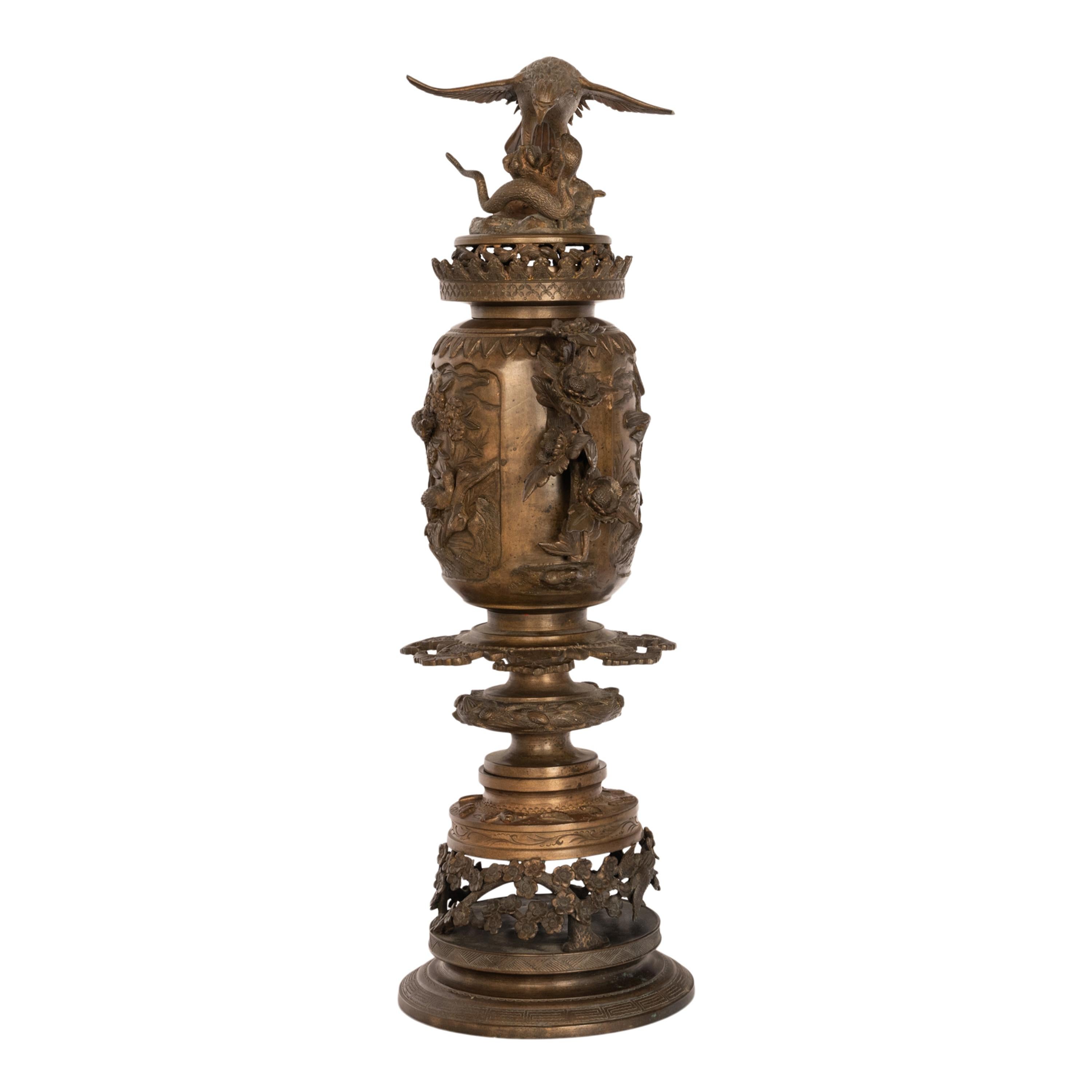 Large Antique Japanese Meiji Bronze Koro Censer insense Burner Urn Eagle & Snake 2
