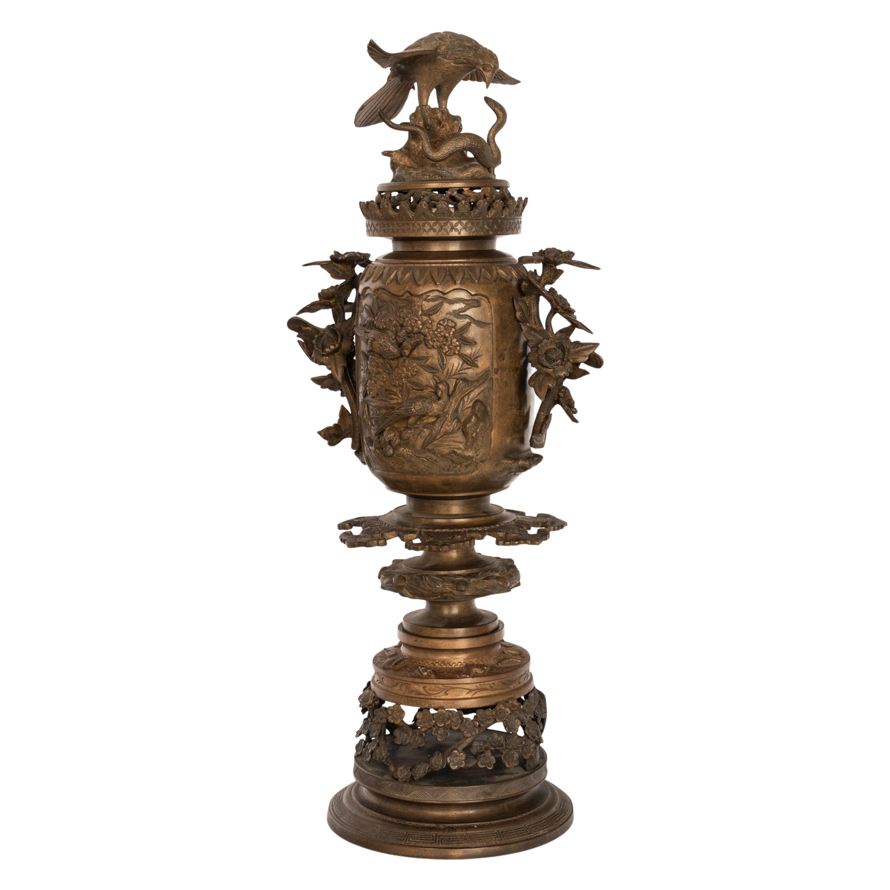 Large Antique Japanese Meiji Bronze Koro Censer insense Burner Urn Eagle & Snake 3