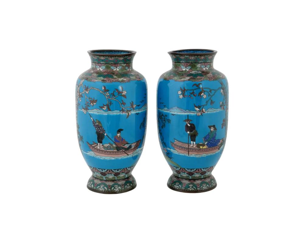 A pair of large antique Japanese copper vase with polychrome cloisonne enamel decor. Late Meiji period, before 1912. Baluster shape, with pronounced base and neck. Multi-figure genre scene against turquoise background, boat ride in cherry blossom