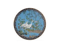 18 inch Large Antique Meiji Japanese Cloisonne Enamel Charger Naturalistic Crane