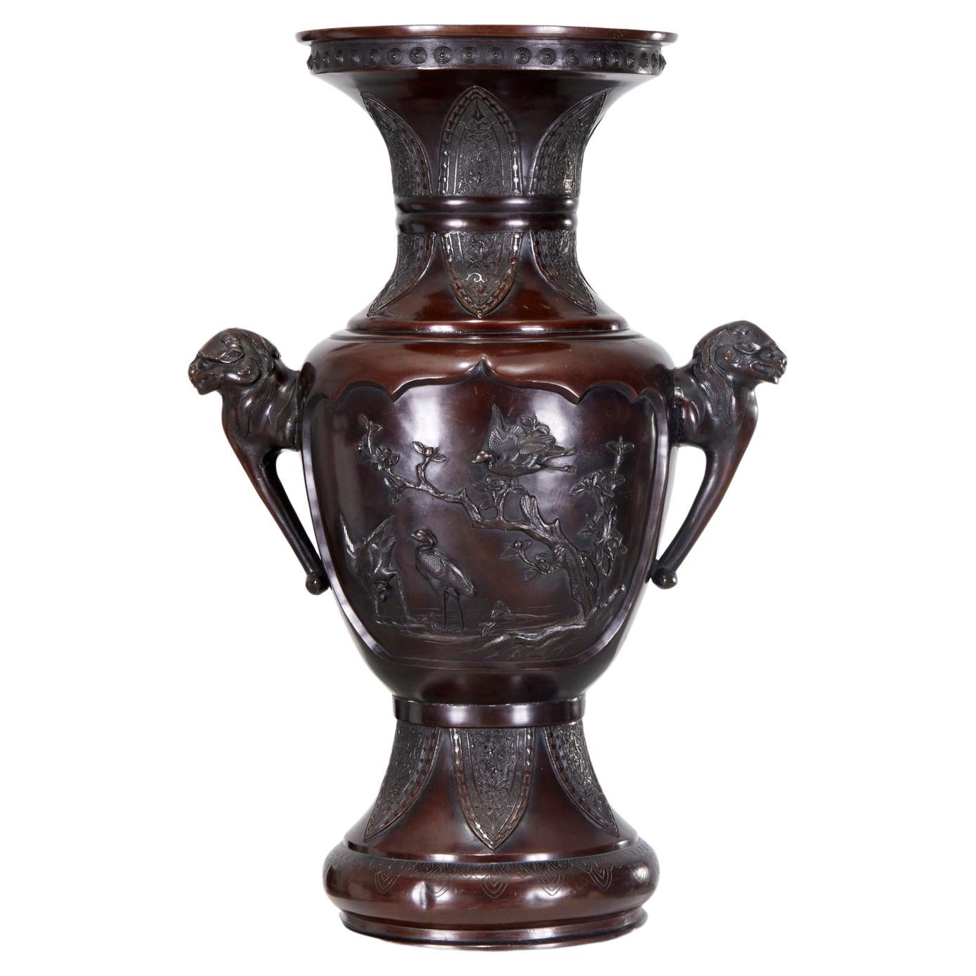 Large Antique Japanese Meiji Period Bronze Floor Vase with Foo Dog Handles For Sale