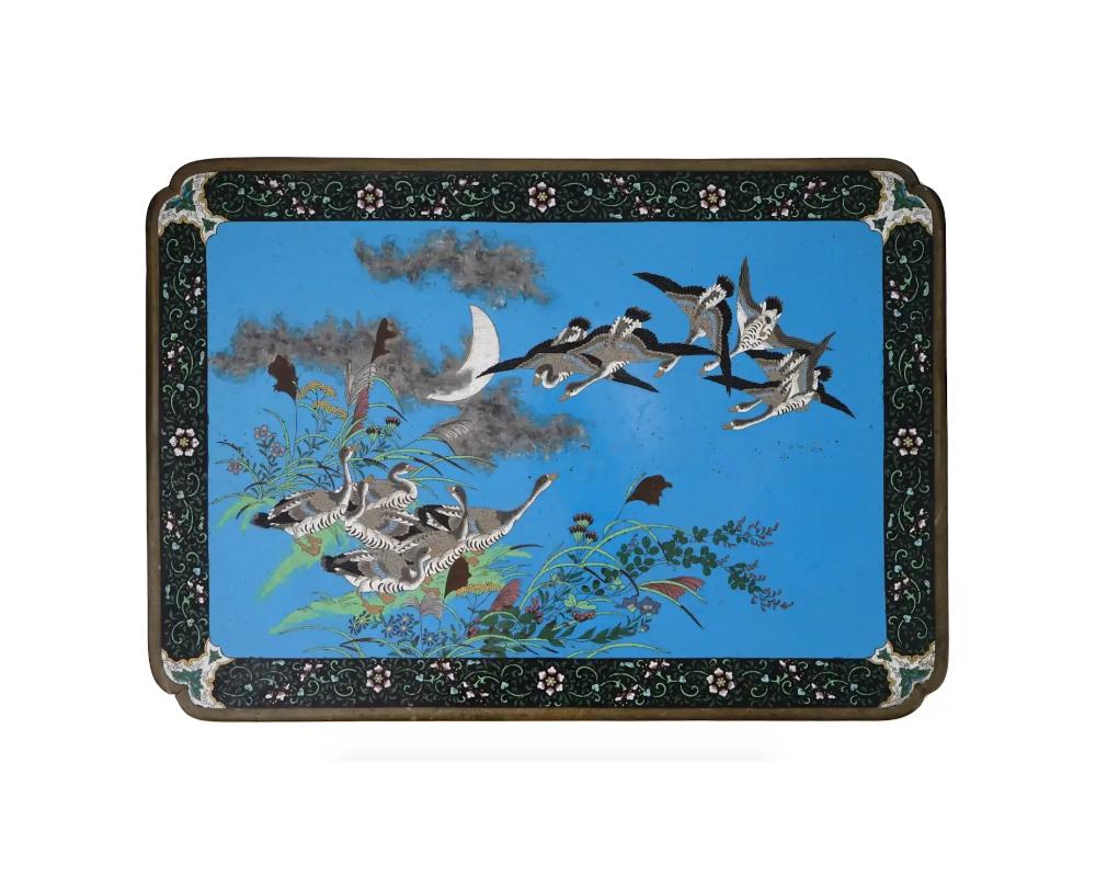 Cloissoné Large Rare Meiji Japanese Cloisonne Enamel Panel of Geese Flying over the Moon S For Sale