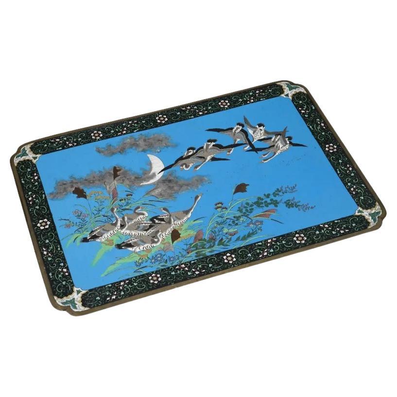 Large Rare Meiji Japanese Cloisonne Enamel Panel of Geese Flying over the Moon S For Sale