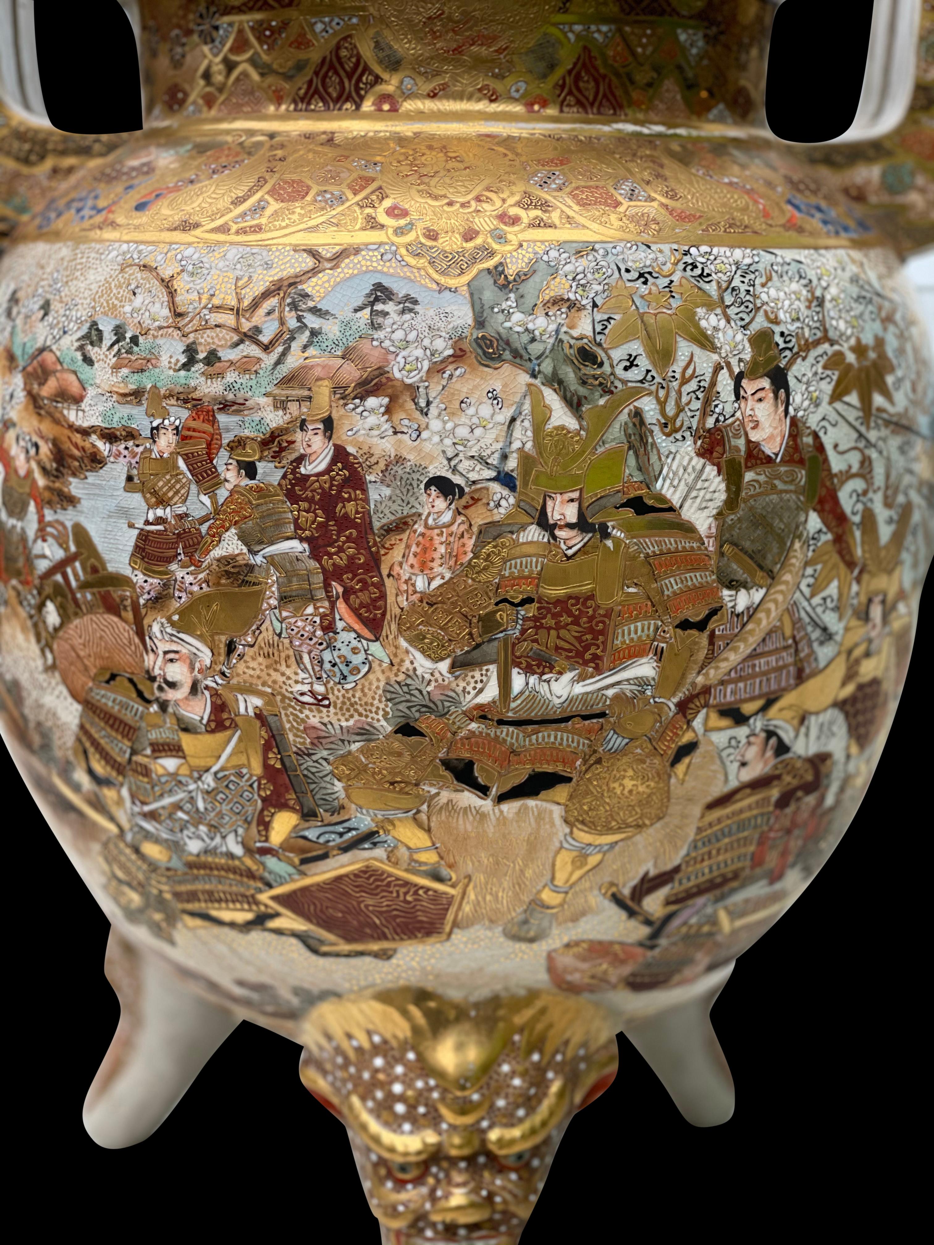 Porcelain Large Antique Japanese Meiji Satsuma Covered Urn Vase with Foo Dog, 19th Century For Sale