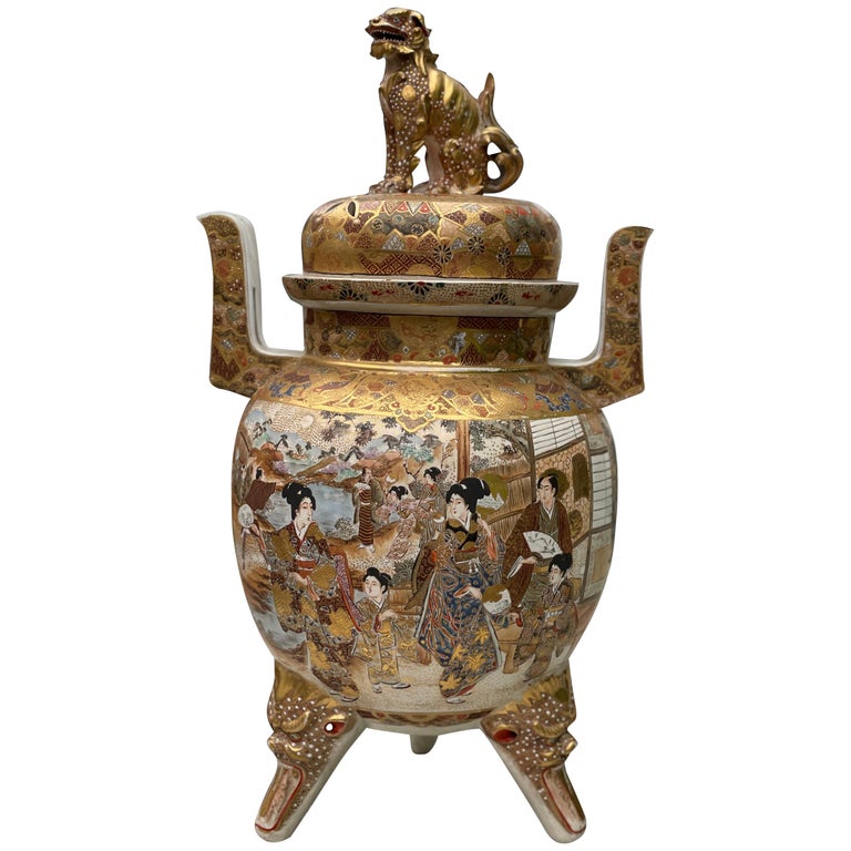 Vase Japonais Ancien Satsuma - Époque Meiji (19ème Siècle) - Forme Hexagonale Avec Décor Geishas