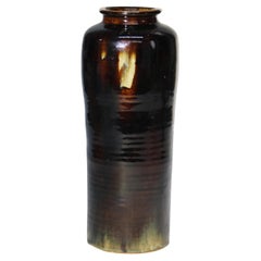 Large Antique Japanese Meiji Tiger’s Eye Glazed Pottery Vase, Signed, C1910