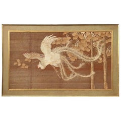 Large Antique Japanese Pheonix Framed Tapestry